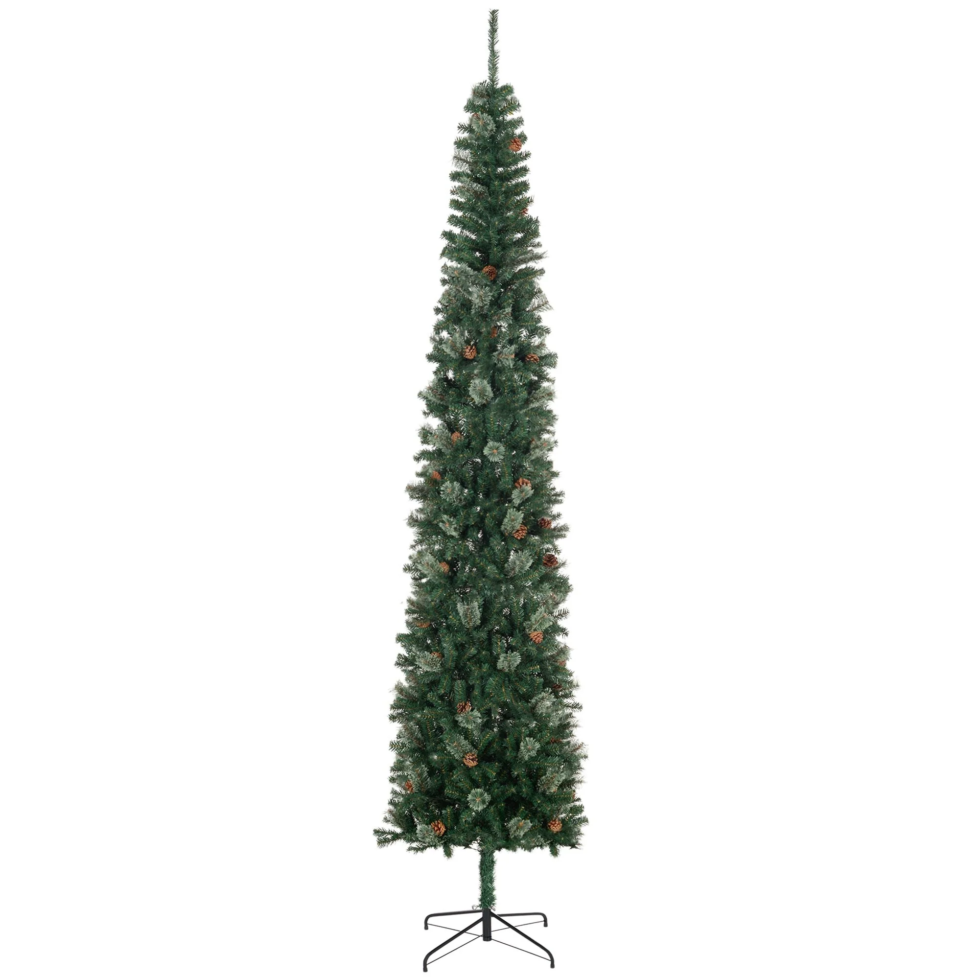 Unlit 9.5ft Pencil Christmas Tree with Lifelike Pine Needles, Pine Cones, and Stable Metal Stand for Holiday Decor