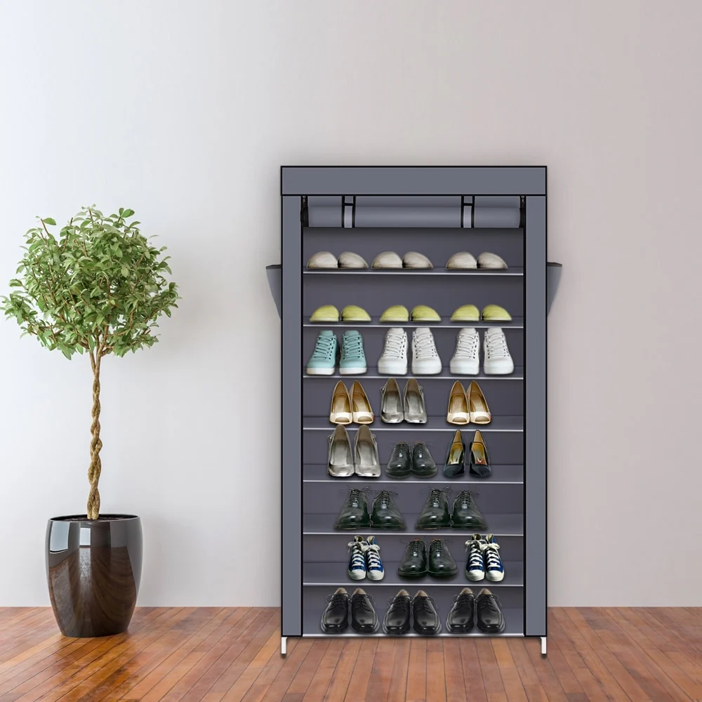 10 Tiers Shoe Rack with Dustproof Cover Closet Gray