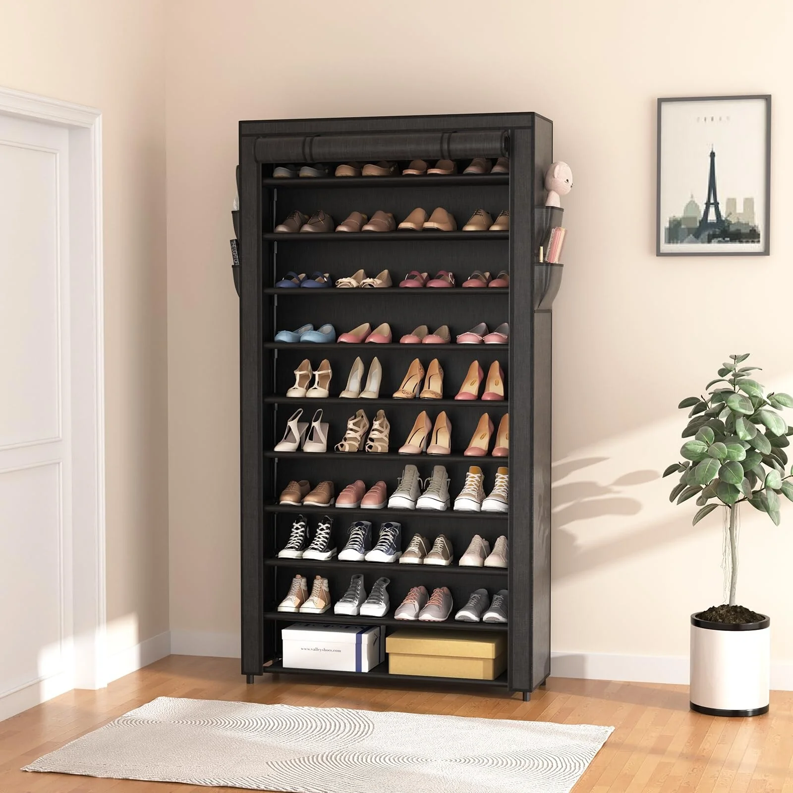 10 Tier Shoe Rack with Covers,Large Capacity Stackable Tall Shoe Shelf Storage to 50-55 Pairs Shoes & Boots Sturdy Metal