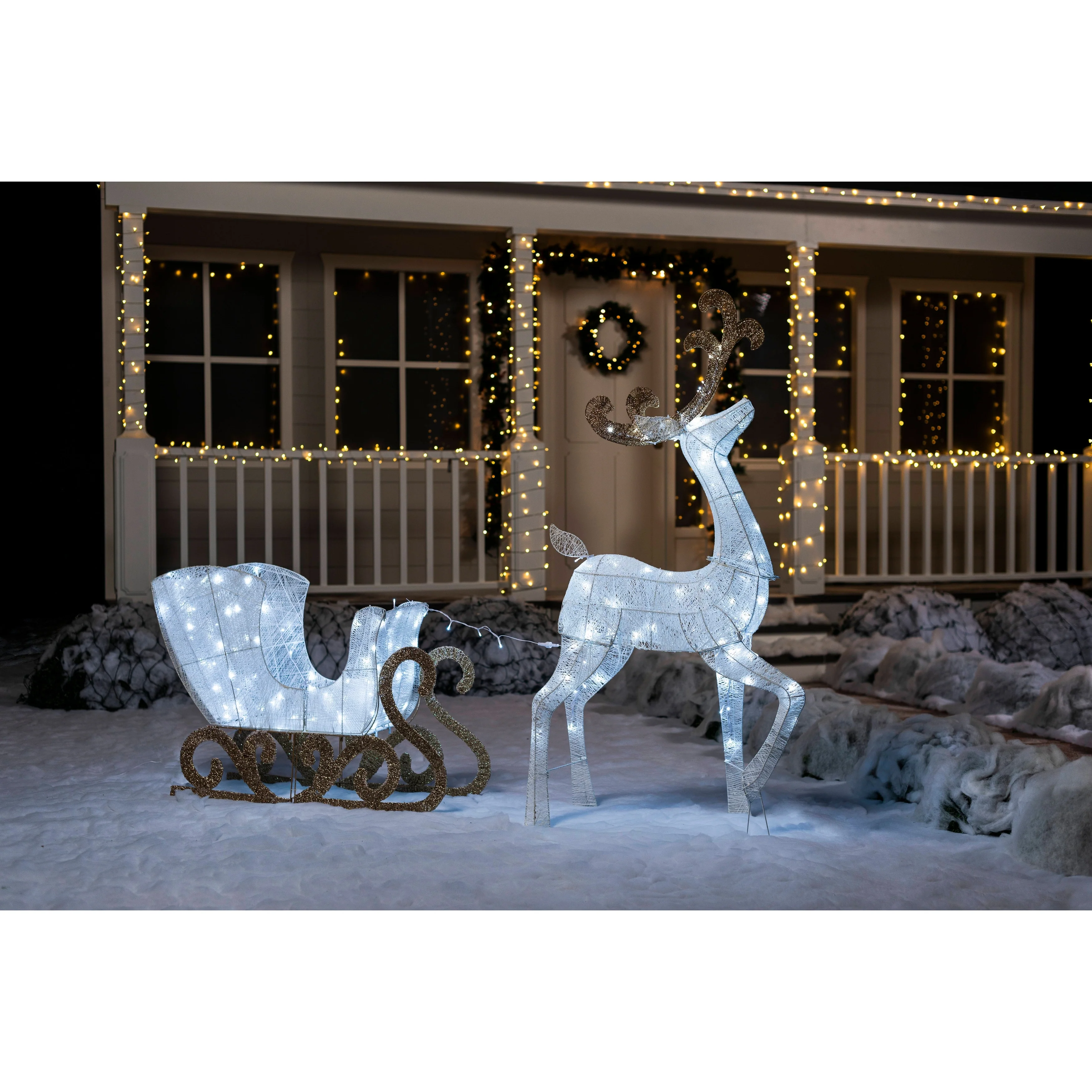 Joyfy Reindeer and Sleigh Christmas Decoration, 180 LED Lighted Outdoor Xmas Decor - White, Gold