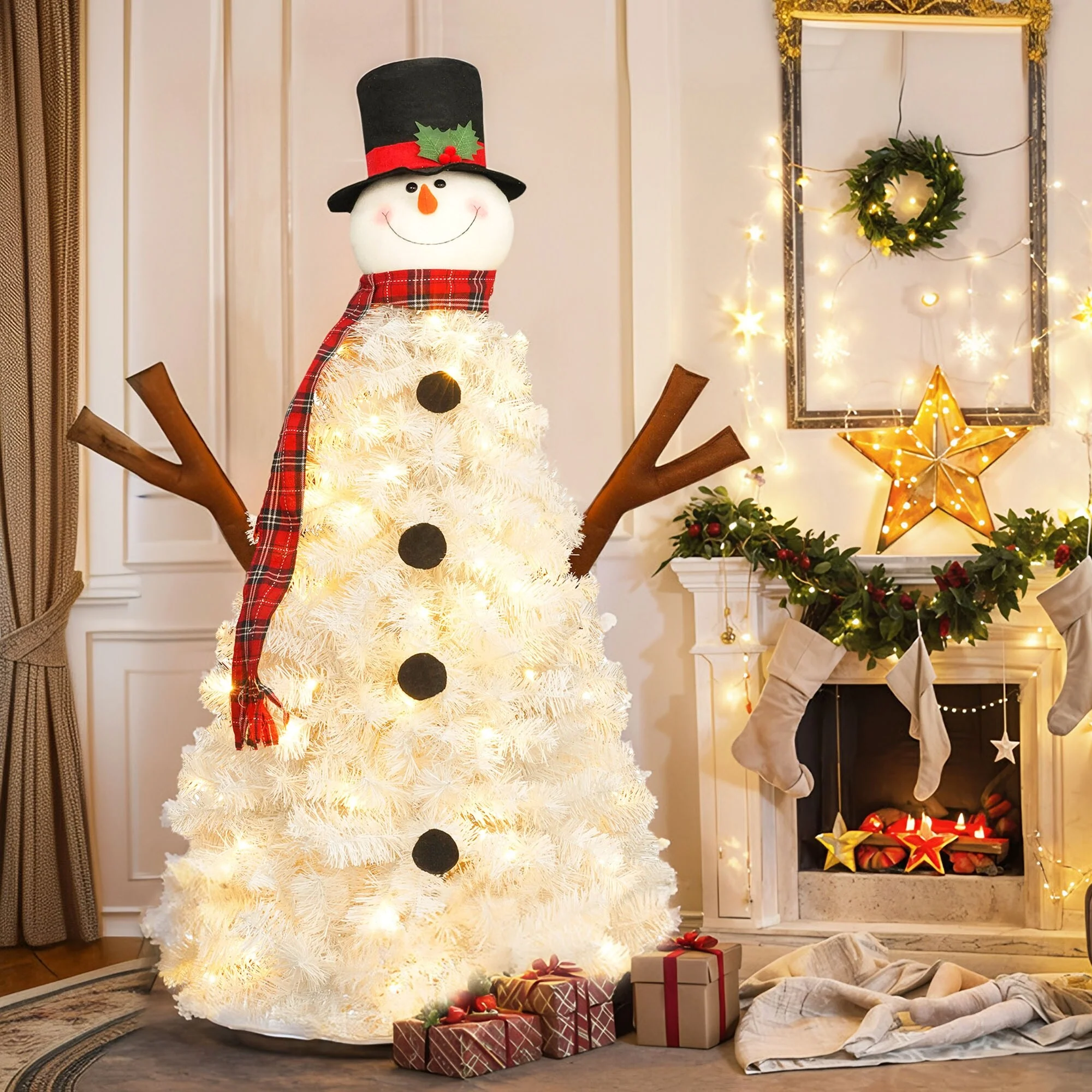 4ft Artificial Snowman-Shaped Christmas Tree with 100 LED Lights, PVC Material, Easy Assembly for Home & Office