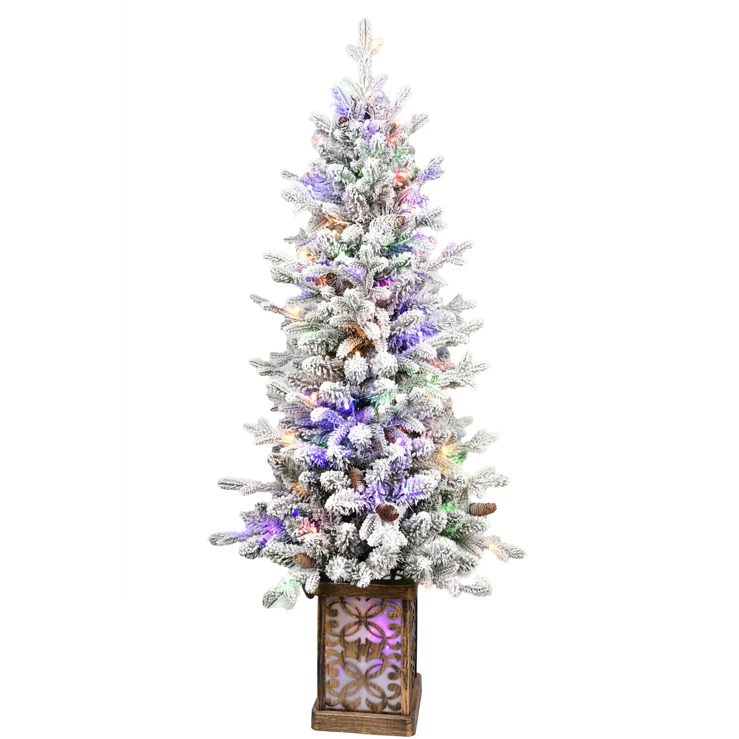 4FT Flocked Christmas Tree with Multicolour LED Lights, 396 Tips, Glitter Base, 100 Lights, PE/PVC Tips