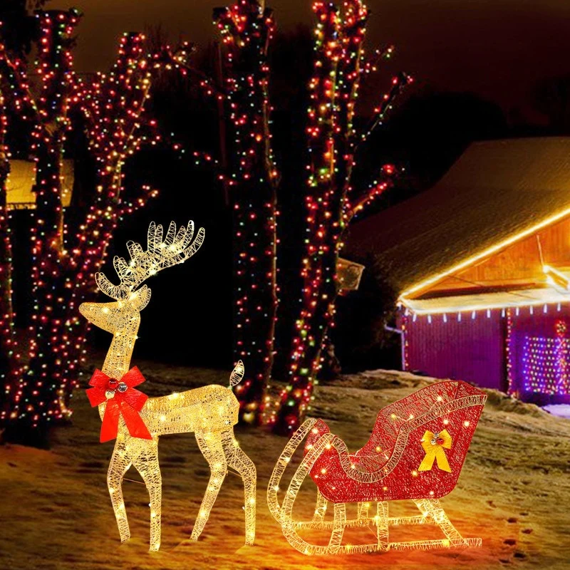 4ft Christmas Reindeer & Sleigh Outdoor Yard Decoration Set with LED Lights