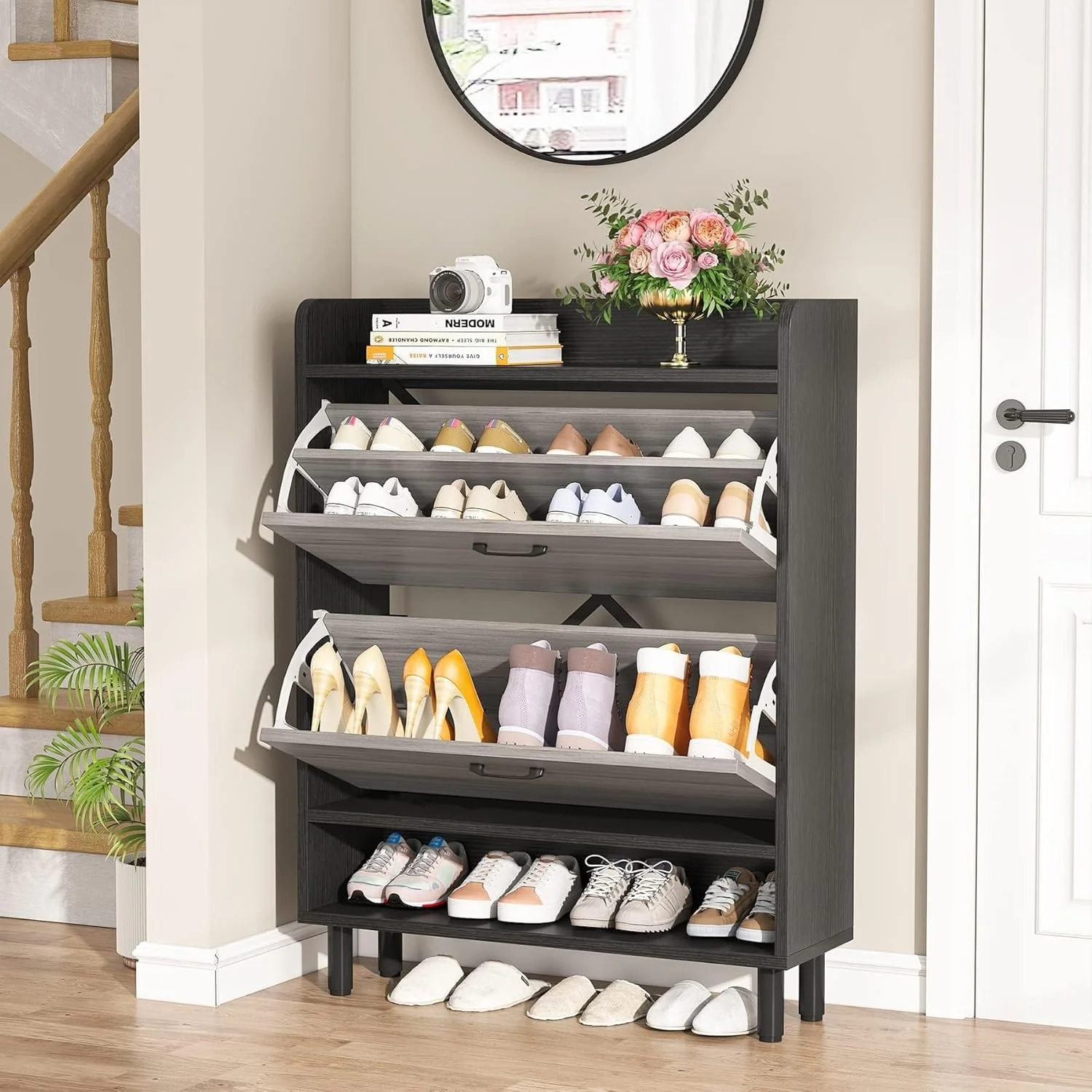 24 Pairs Shoe Storage Cabinet Rack with 2 Flip Drawers - 2-Tier