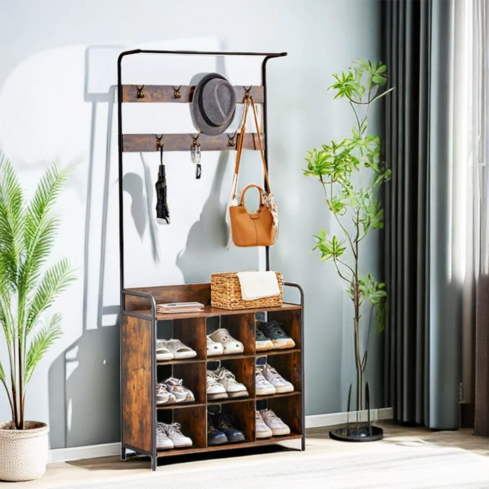 3-in-1 Entryway Coat Rack, Hall Tree with Shoe Rack, 7 Hooks - 11.5