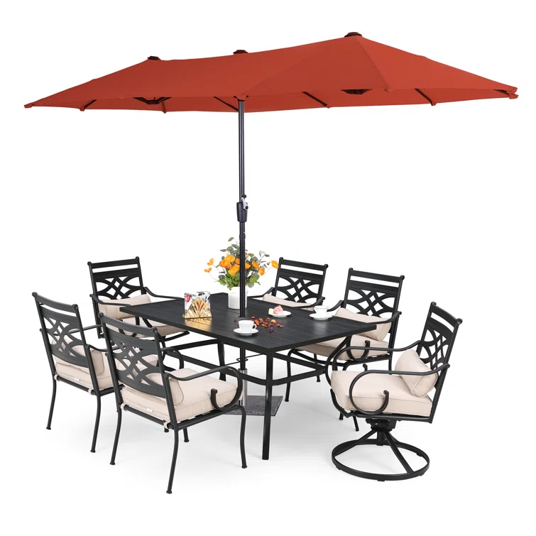 Alyah 6 - Person Outdoor Dining Set with Umbrella Featuring 2 Swivel Chairs