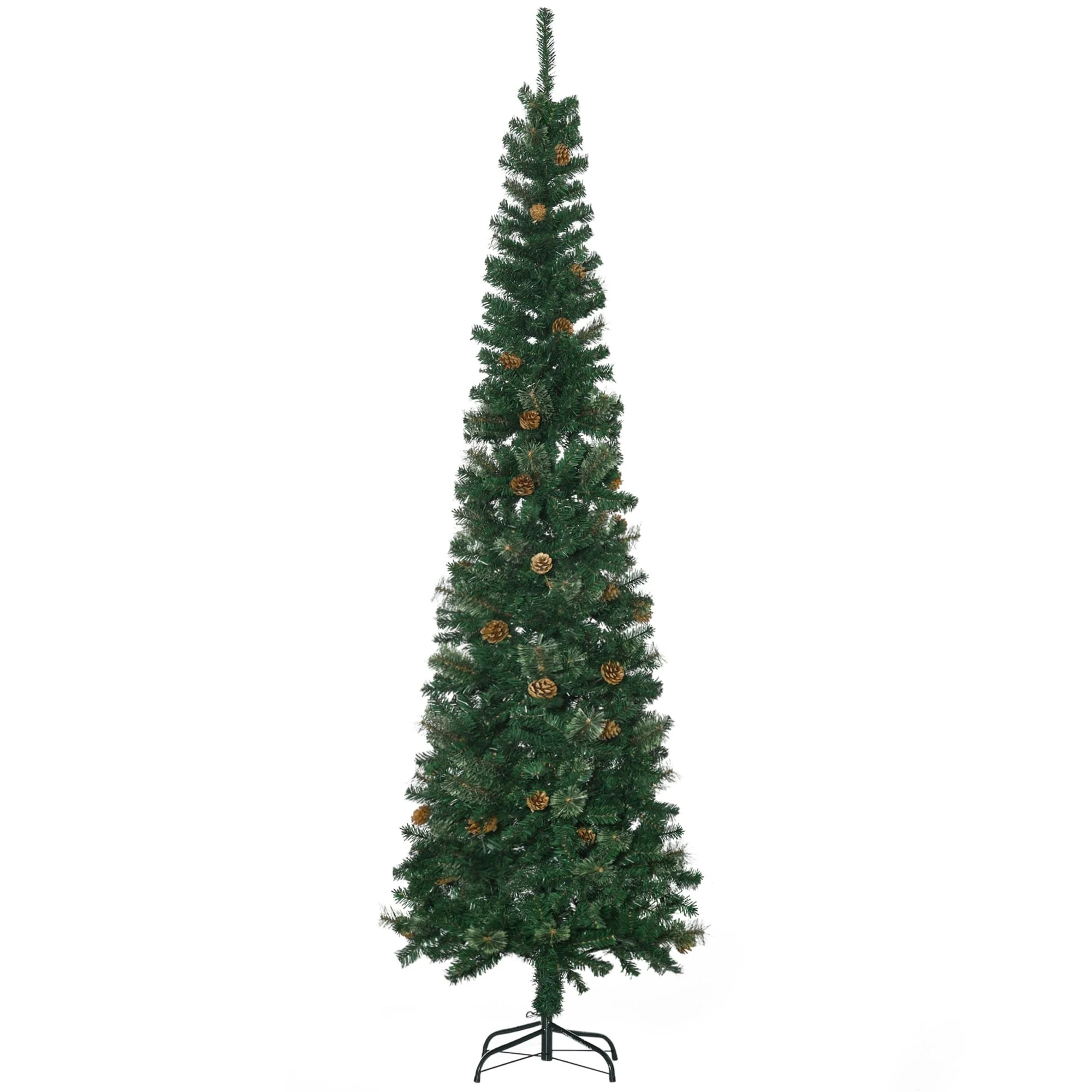 Unlit 7.5-Foot Slim Pine Artificial Christmas Tree with Realistic Pine Needles, Pine Cones, and Sturdy Metal Stand