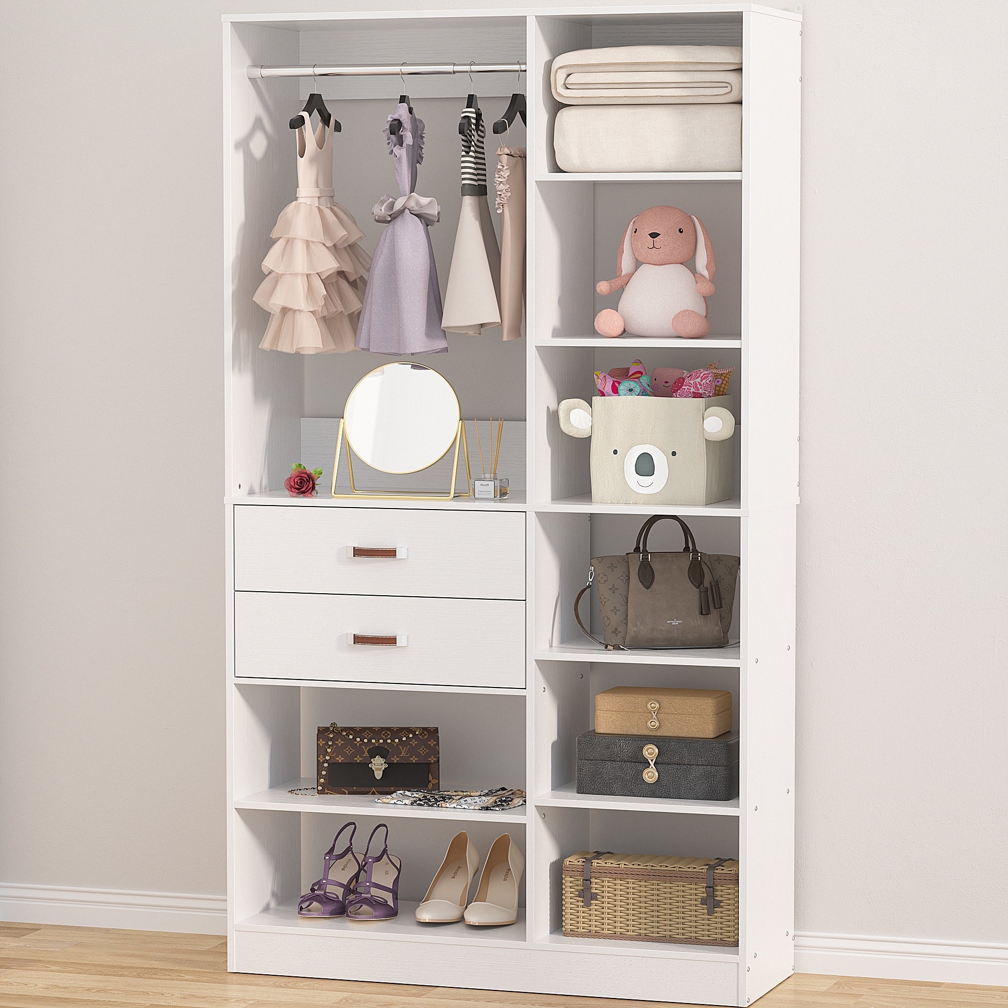 39.4''W Freestanding Walk-in Closet System with 2 Drawers and 10 Storage Shelves