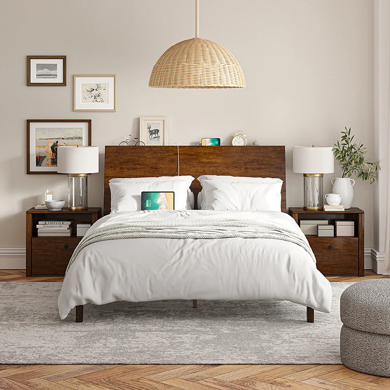 Vivian Solid Wood Platform Bed with USB Ports and Storage Space