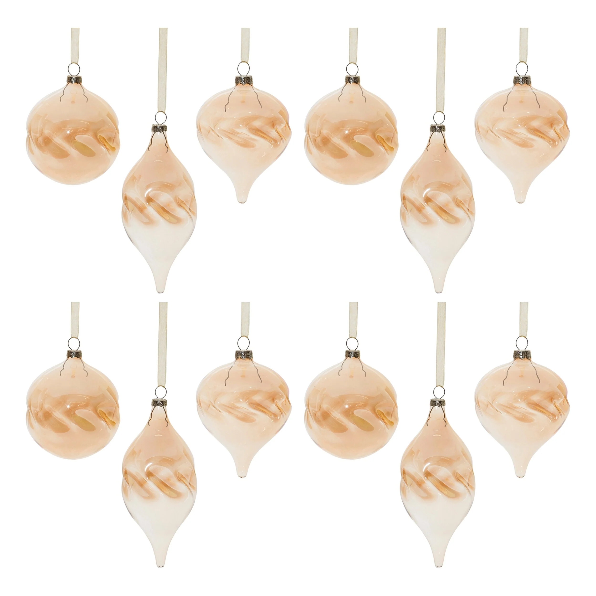 12 Glass Christmas Ornaments Set with Amber Ombre Wavy Design and Ribbon - 3.25