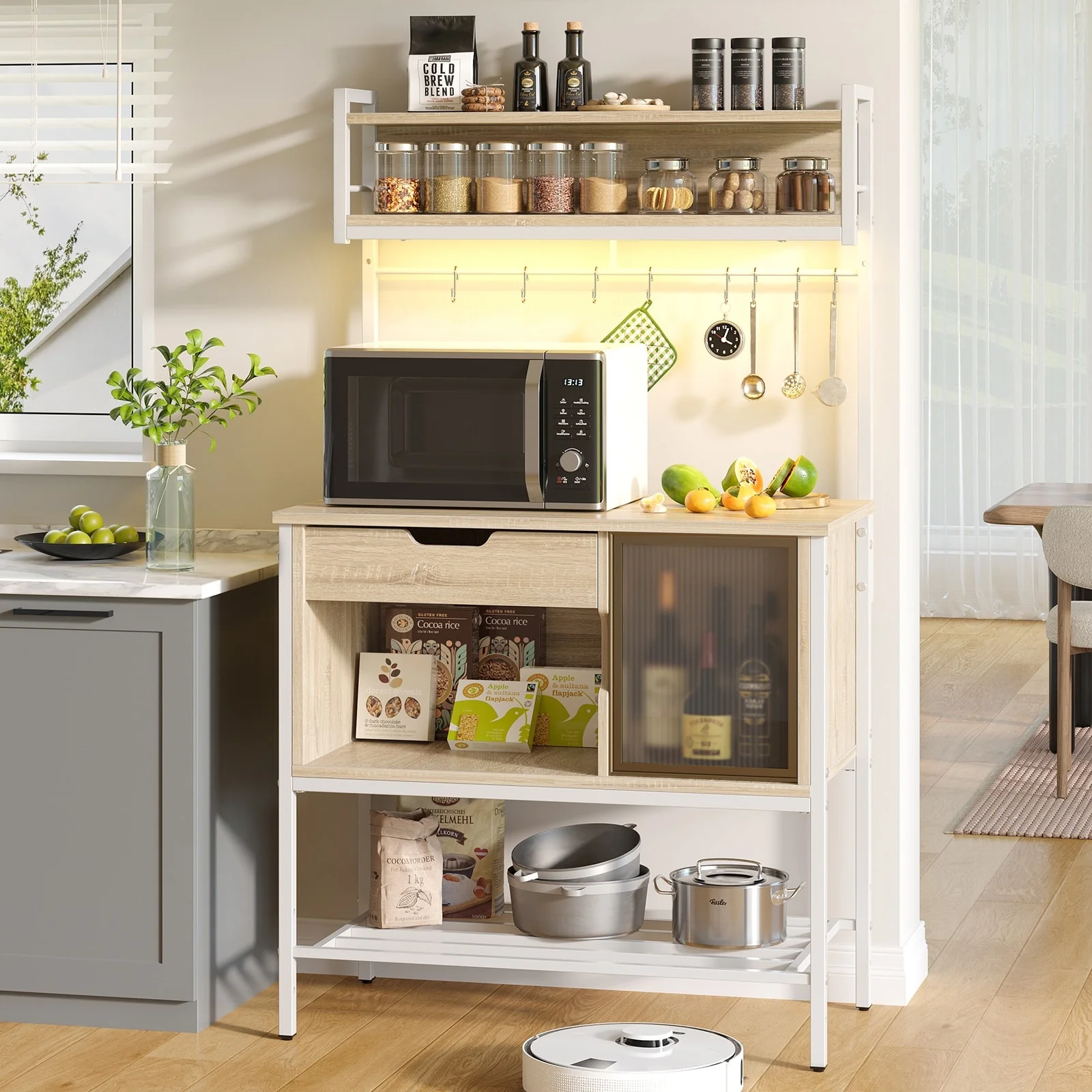 59 Inch LED Bakers rack, Kitchen Baker's Rack With hooks and Adjustable Shelf - 59″H×33.8″W