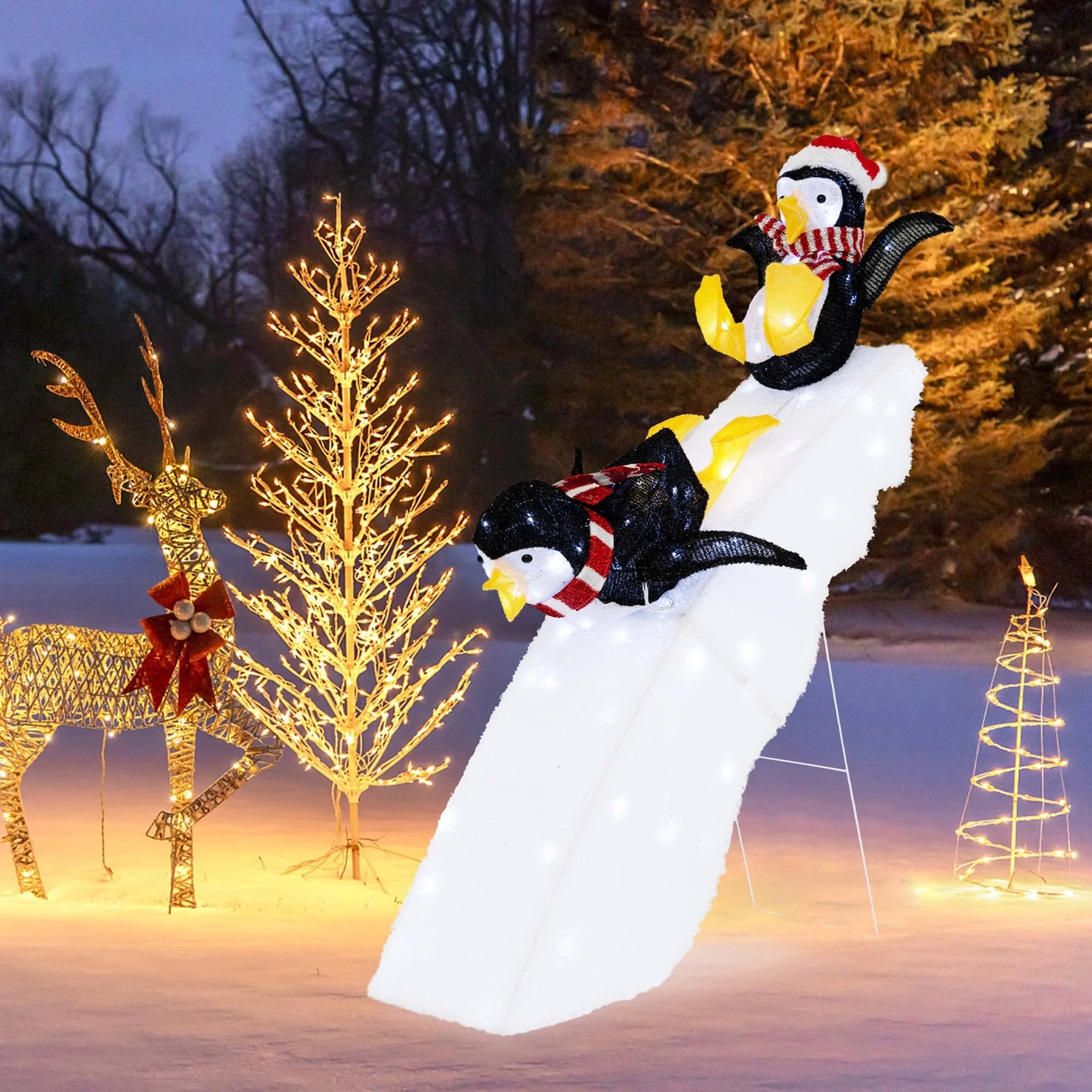 4FT Pre-Lit Christmas Penguin Ice Skating Decoration with Snowy Slide - Black+ White+ Yellow