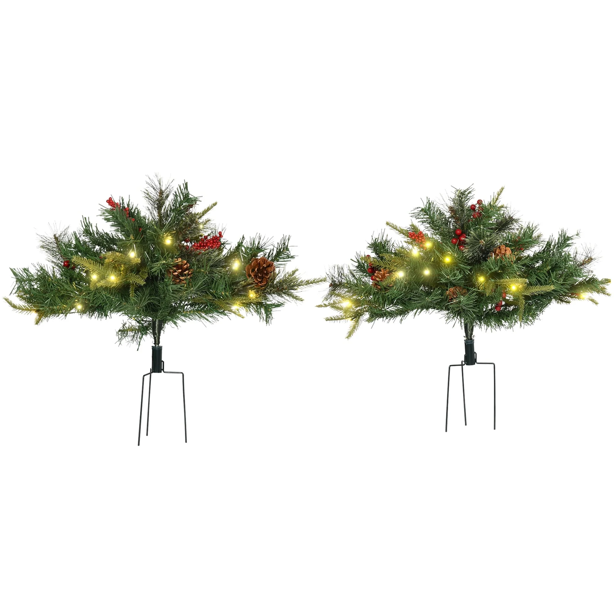 2-Pack 2ft Prelit Artificial Christmas Trees with Warm White LED Lights, Red Berries & Pine Cones