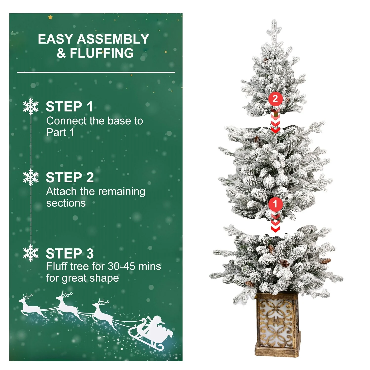 4FT Flocked Christmas Tree with Multicolour LED Lights, 396 Tips, Glitter Base, 100 Lights, PE/PVC Tips