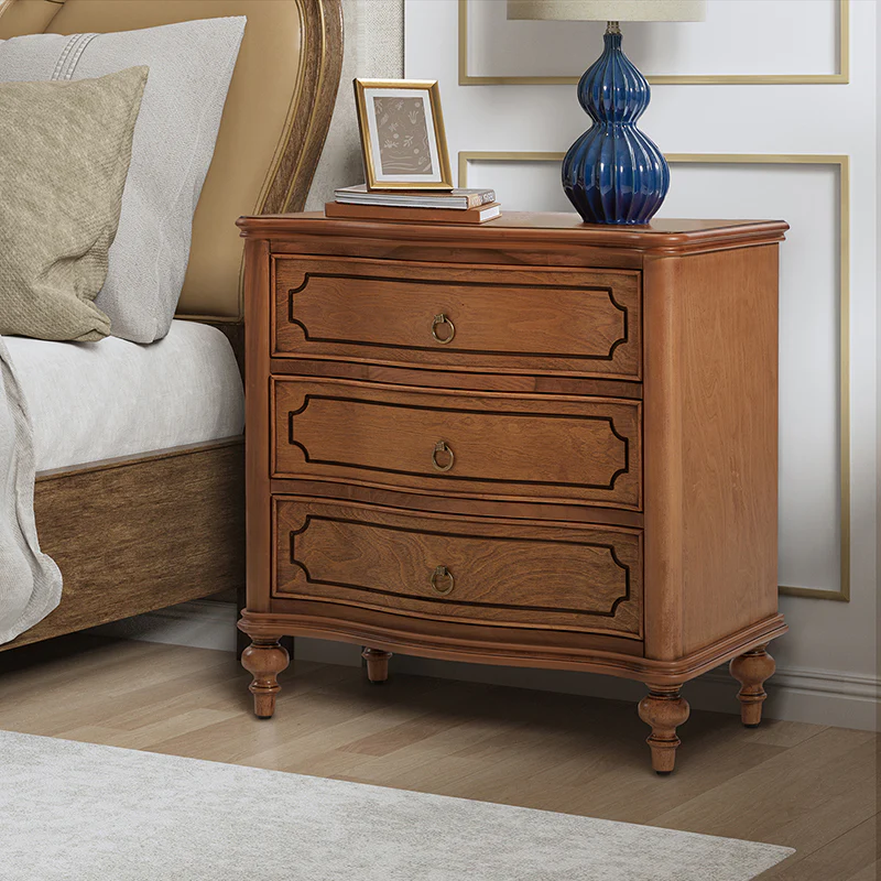 Bernhard 3-Drawer Traditional Style Nightstand Chest with Solid Wood Legs and Built-In Outlets