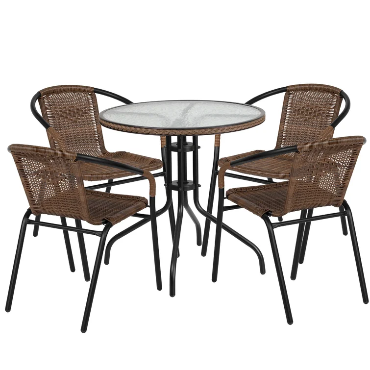 28'' Round Glass Table with Rattan Edging and 4 Rattan Stack Chairs