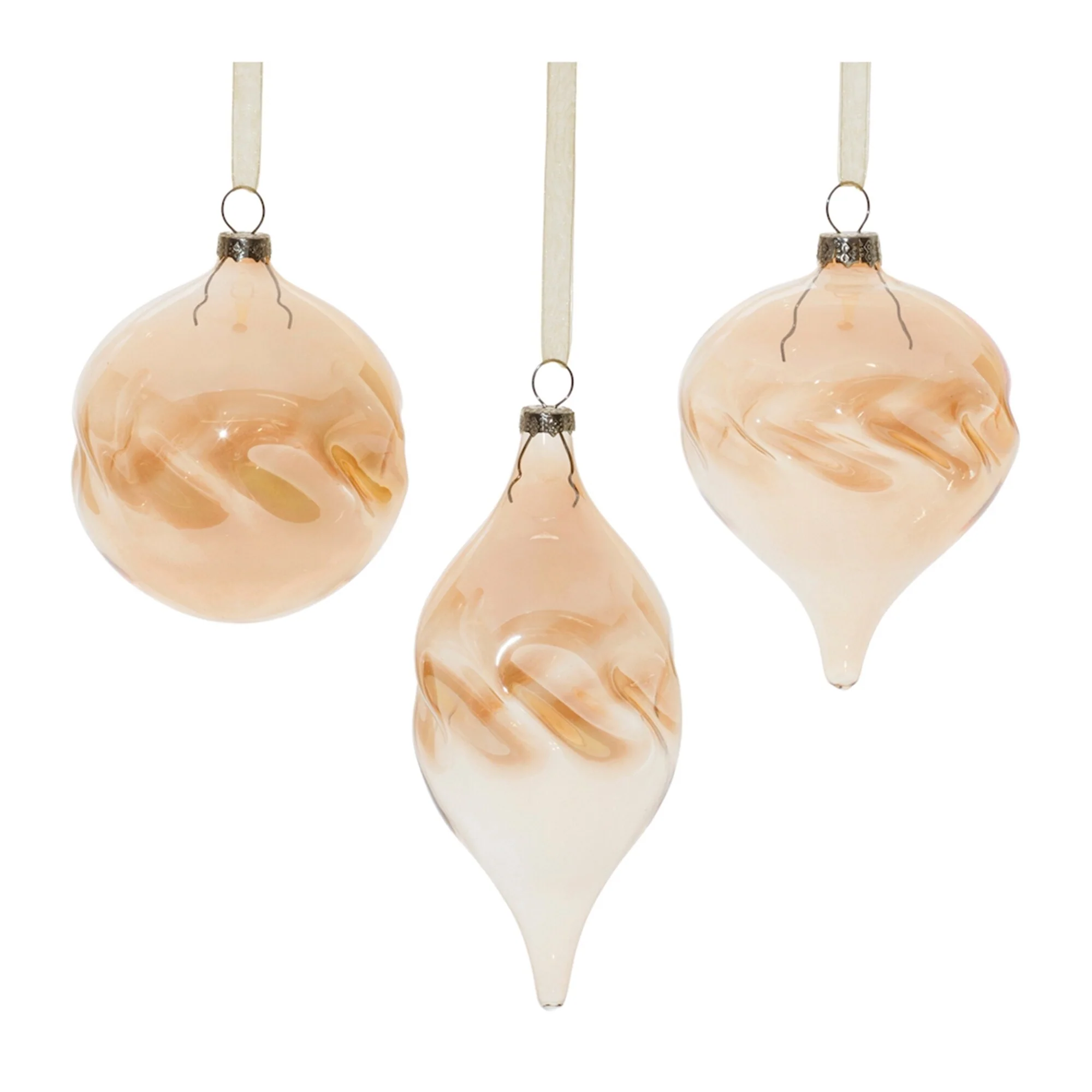 12 Glass Christmas Ornaments Set with Amber Ombre Wavy Design and Ribbon - 3.25