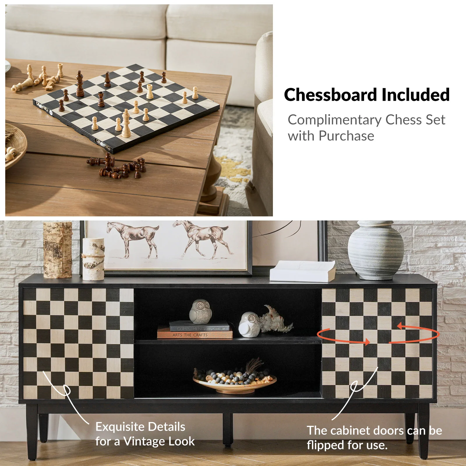 Regal TV Stand for TVs up to 65'' with Reversible Checkered Game Board