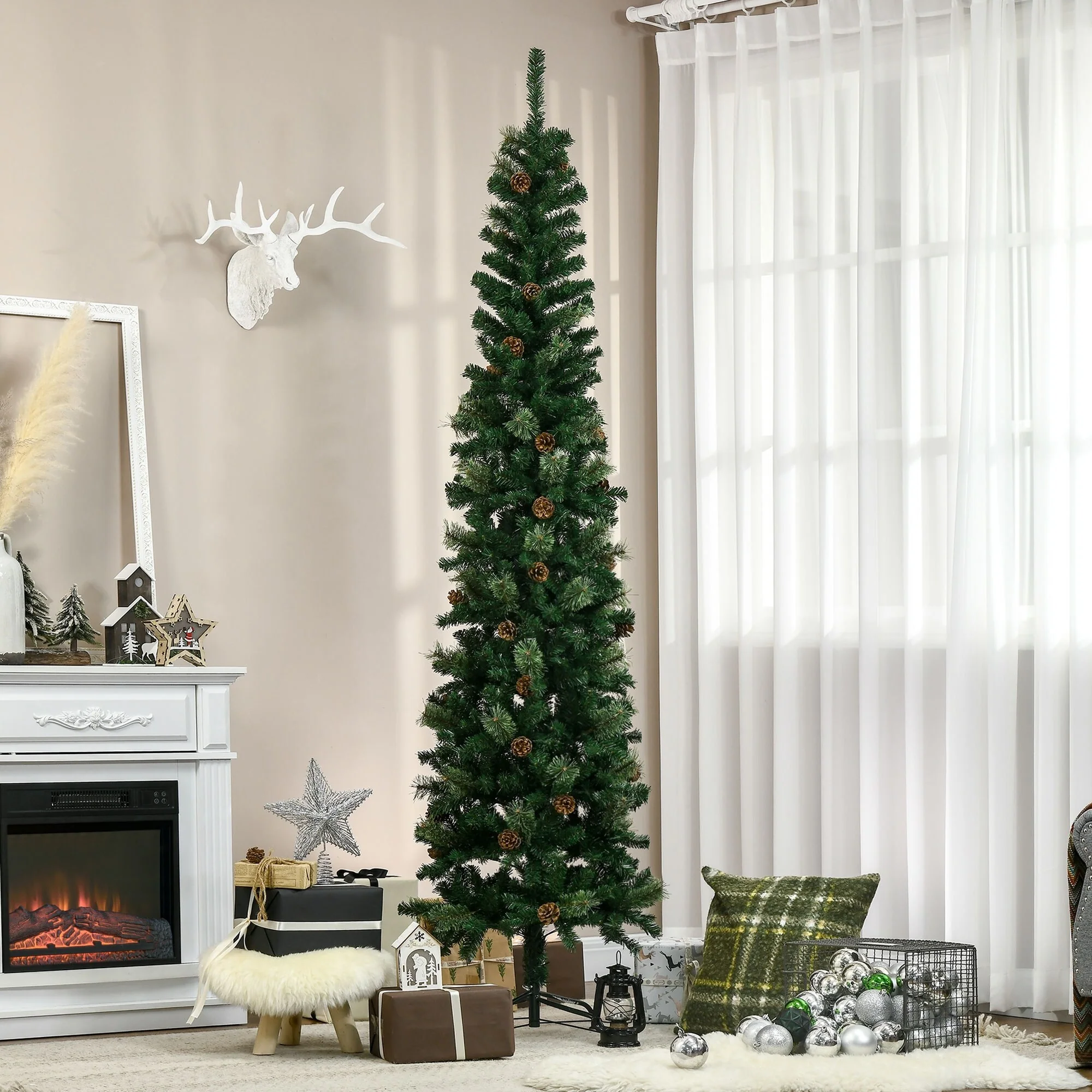 Unlit 7.5-Foot Slim Pine Artificial Christmas Tree with Realistic Pine Needles, Pine Cones, and Sturdy Metal Stand