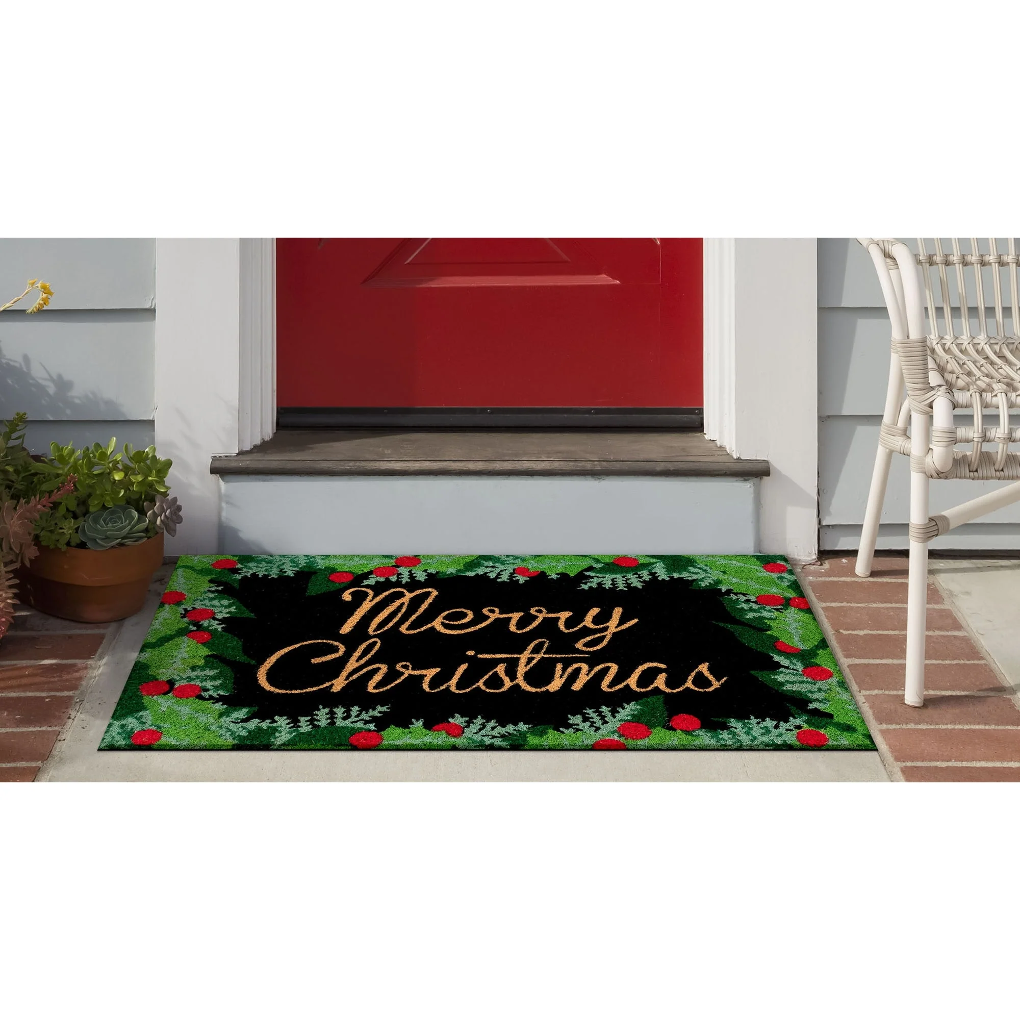 Liora Manne Natura Merry Christmas Holly Outdoor Mat Black 18