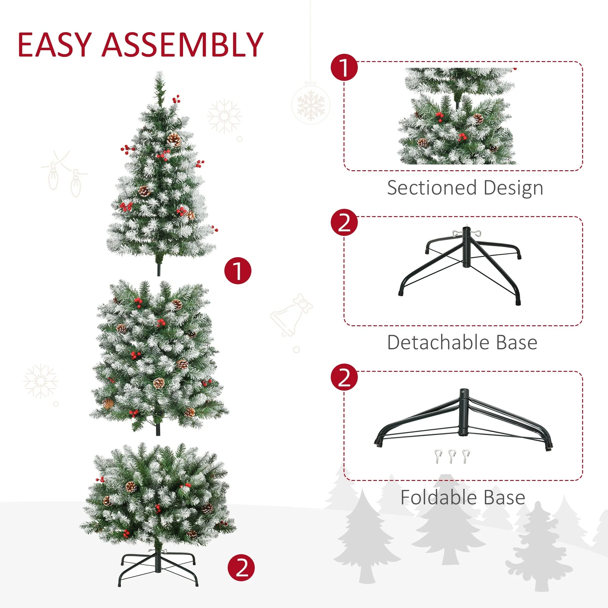 Snow-Dipped 6ft Pre-Lit Christmas Tree with Realistic Branches, 300 LED Lights, Pine Cones,Red Berries.
