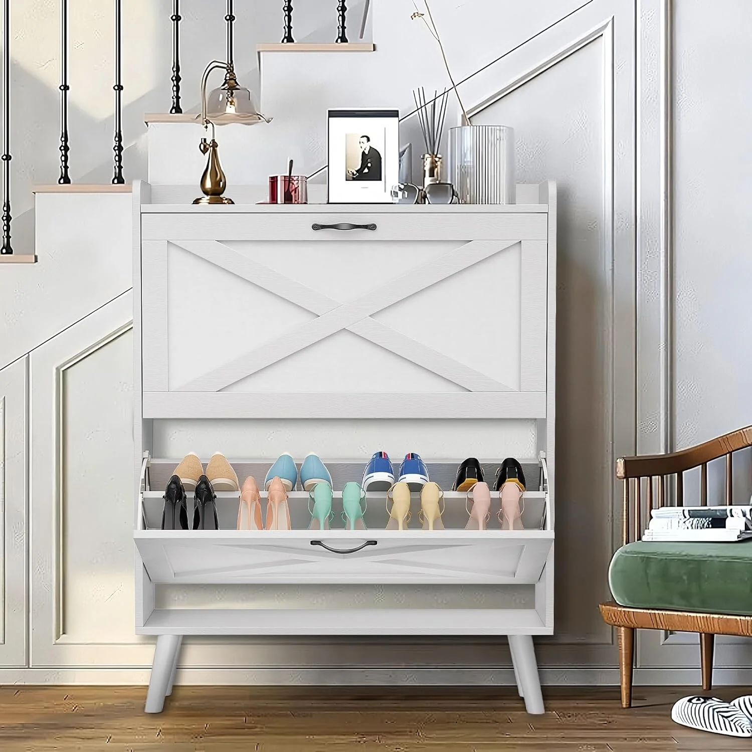 20 Pairs Shoe Storage Cabinet Wood Shoe Shoe Racks Organizer Boxes with 2 Flip Drawers for Entryway