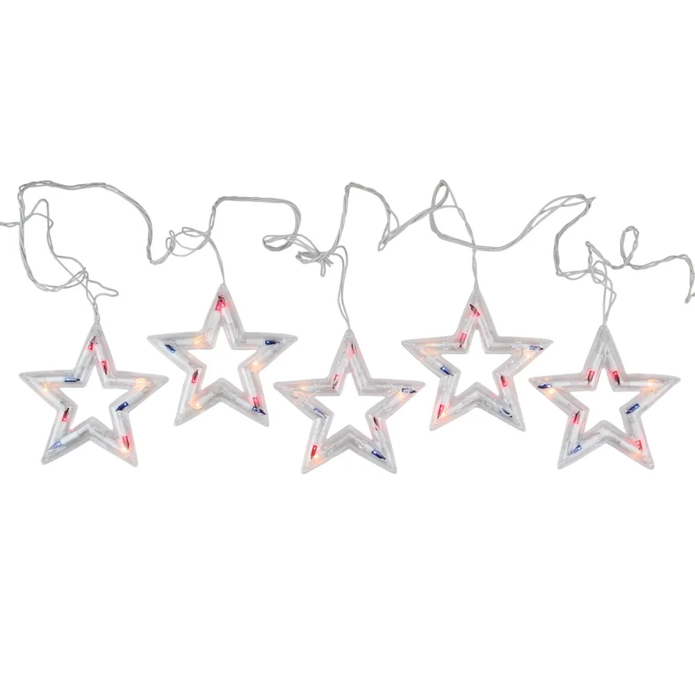 5 Red White and Blue Patriotic 4th of July Star Shaped Lights - 6ft. White Wire