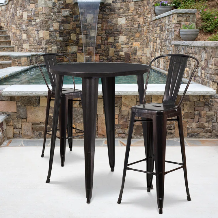 Genece 30'' Round Metal Indoor-Outdoor Bar Table Set with 2 Cafe Stools