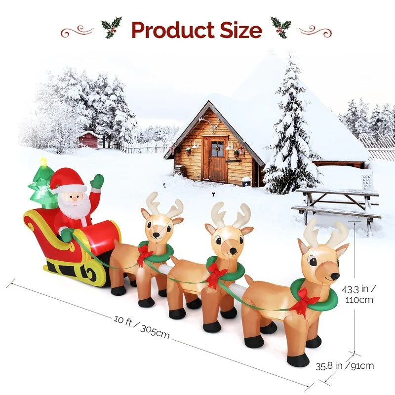10Ft Long Blow Up Christmas Santa Claus Sleigh & Reindeer Outdoor Inlflatable Decorations - N/A