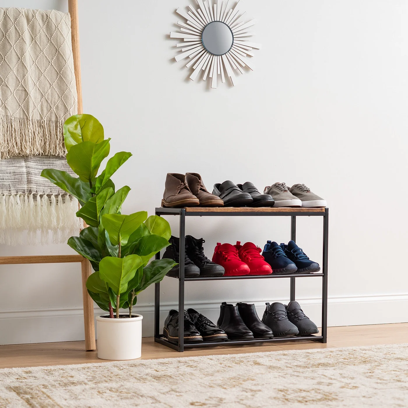 3-Tier Shoe Storage Organizer with Wood and Steel Shelf in Black