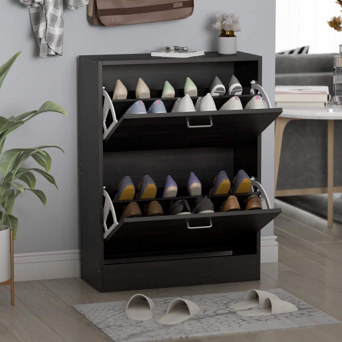 Timechee Black 2-Drawer Shoe Cabinet with 4-Tier Rack (Up to 12 Pairs)