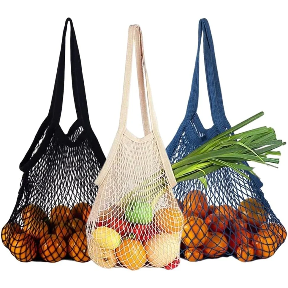 3x Reusable Cotton Mesh Grocery Shopping Bags - Washable