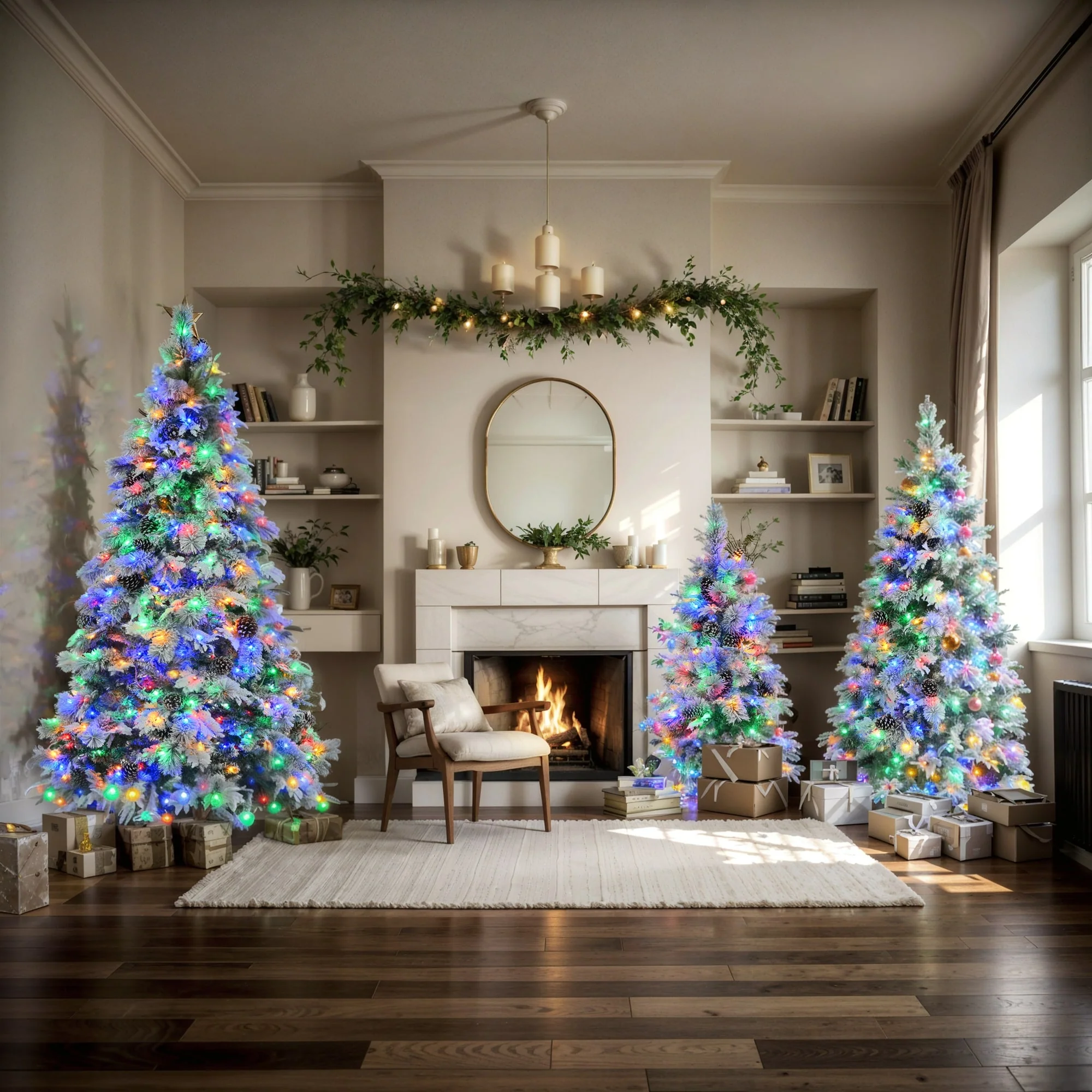 3-Piece Snow Flocked Christmas Tree Set of 3 Pre-Lit with LED Lights and 11 Flashing Modes, for Party Holiday Home Decor