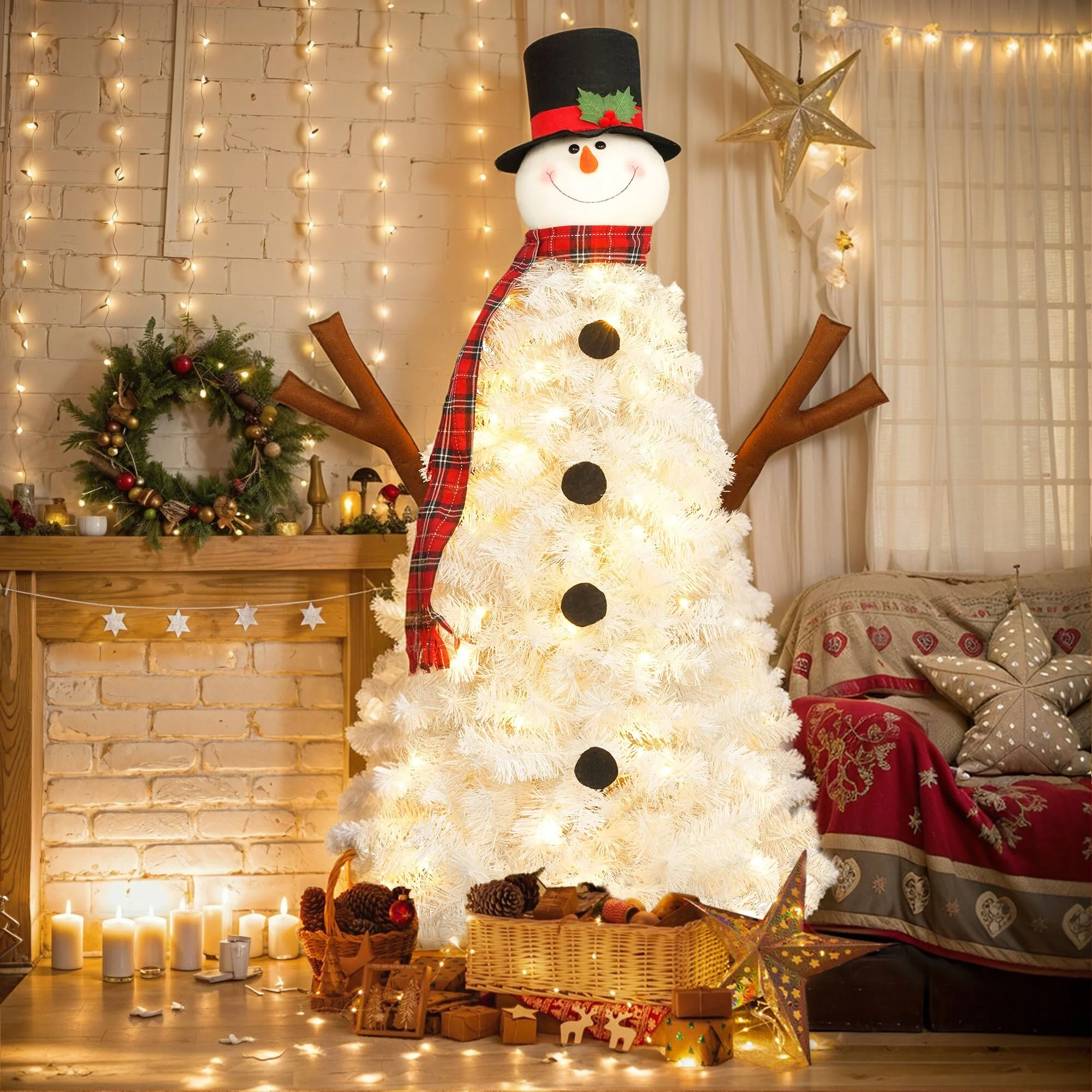 4ft Artificial Snowman-Shaped Christmas Tree with 100 LED Lights, PVC Material, Easy Assembly for Home & Office