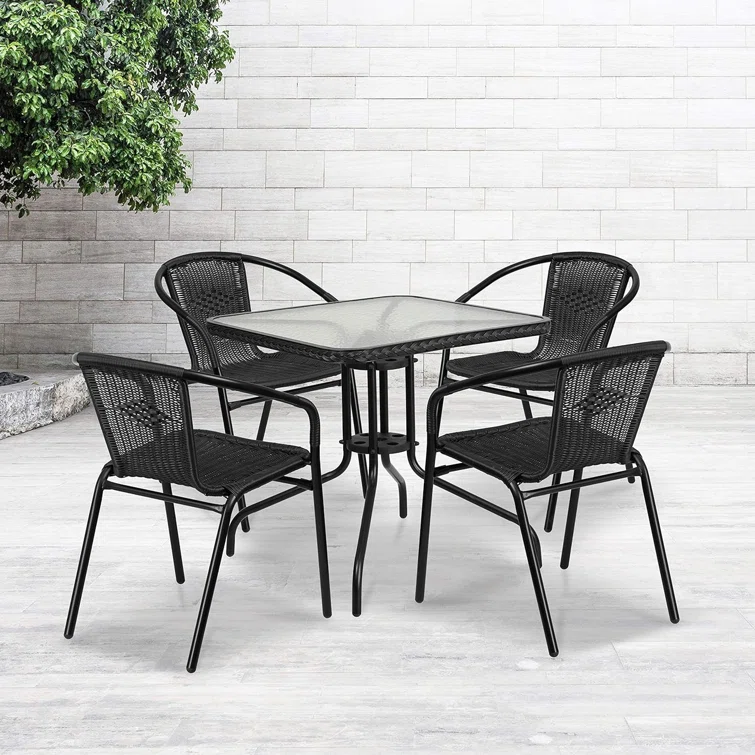 Amlie 28'' Square Glass Metal Table with Rattan Edging and 4 Rattan Stack Chairs
