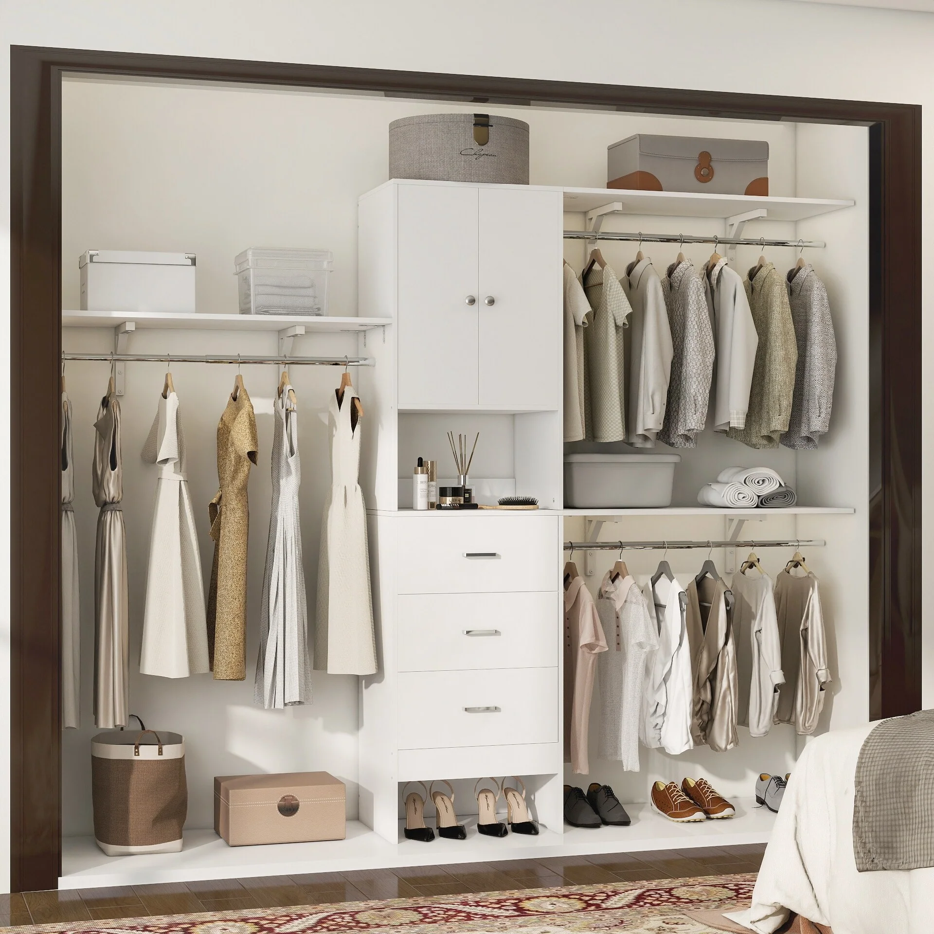 20''-96'' Wide Wooden Closet Organizer With Doors, Adjustable Closet System with Drawers and Hanging Rods