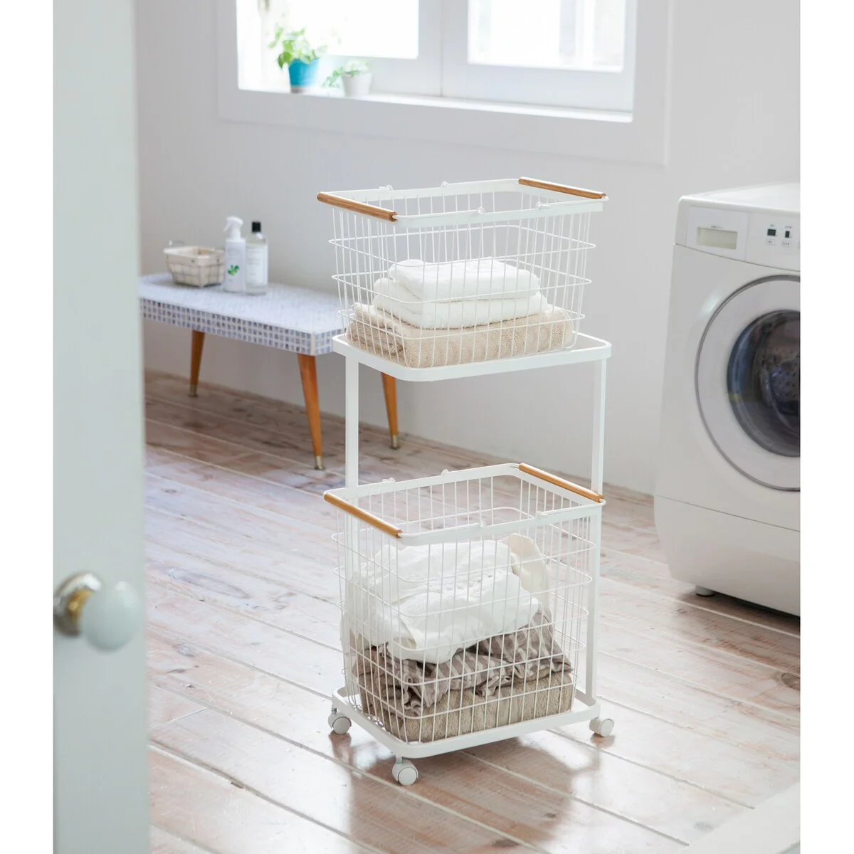 Yamazaki Home Rolling Laundry Cart, Steel & Wood, Short, Holds 26.4 lbs, Wheels - L 11.42 x W 15.75 x H 27.36 inches