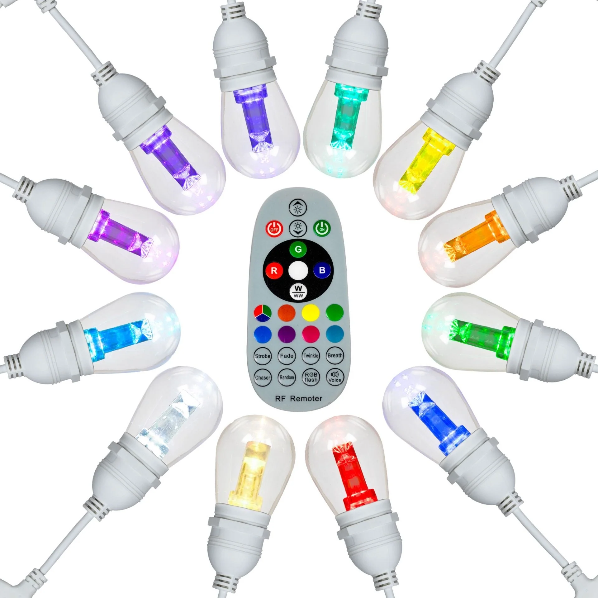 24FT S14 RGB+WW LED Color Changing Christmas String Light Set, White Wire - WHITE WIRE