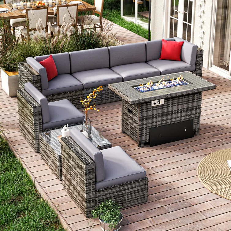 Caradog Wicker 6 - Person Patio Conversation Sets with Cushions Coffee Table and Fire Pit