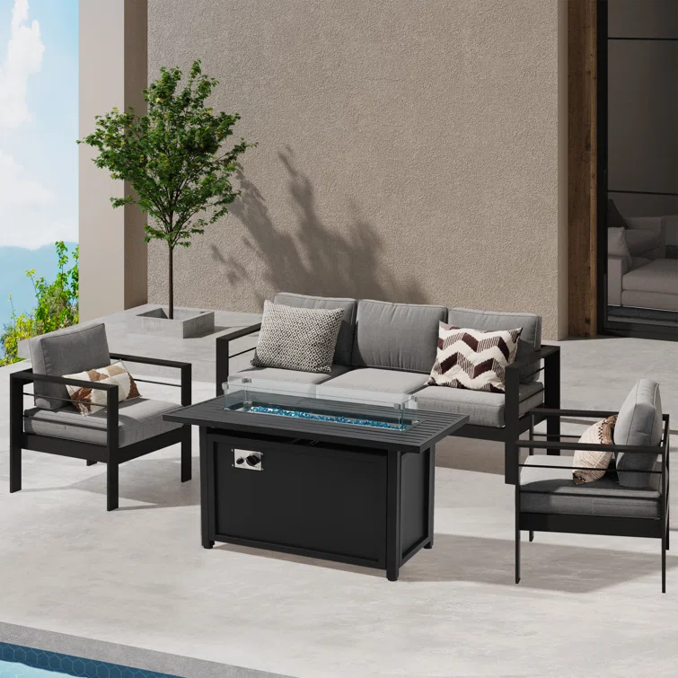 5 - Person Sofa Seating Group With Cushions and Fire Pit Table
