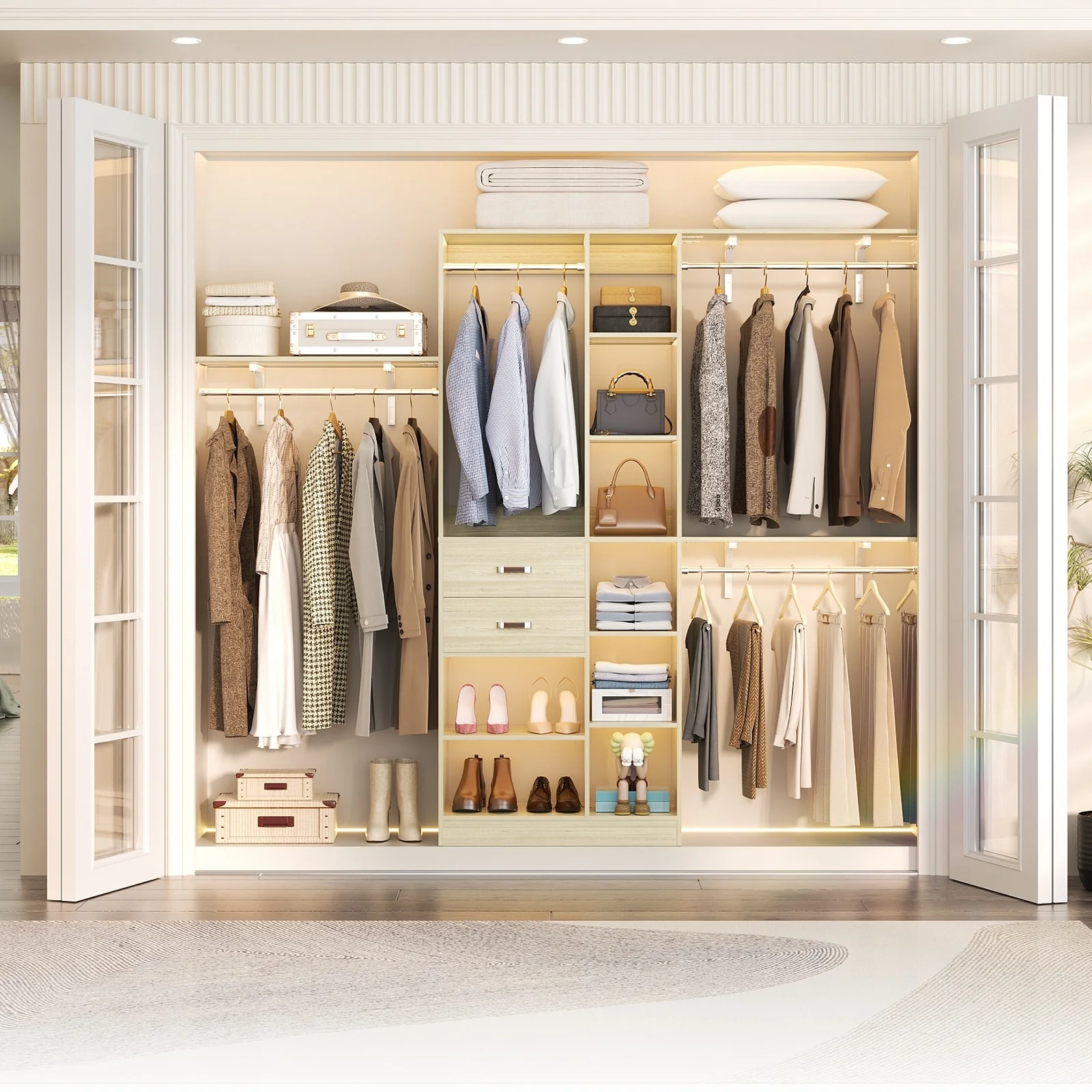 31.5'' to 96'' W Closet Organizer System with Drawers and Tower Shelves for Reach-in and Walk-in Closet