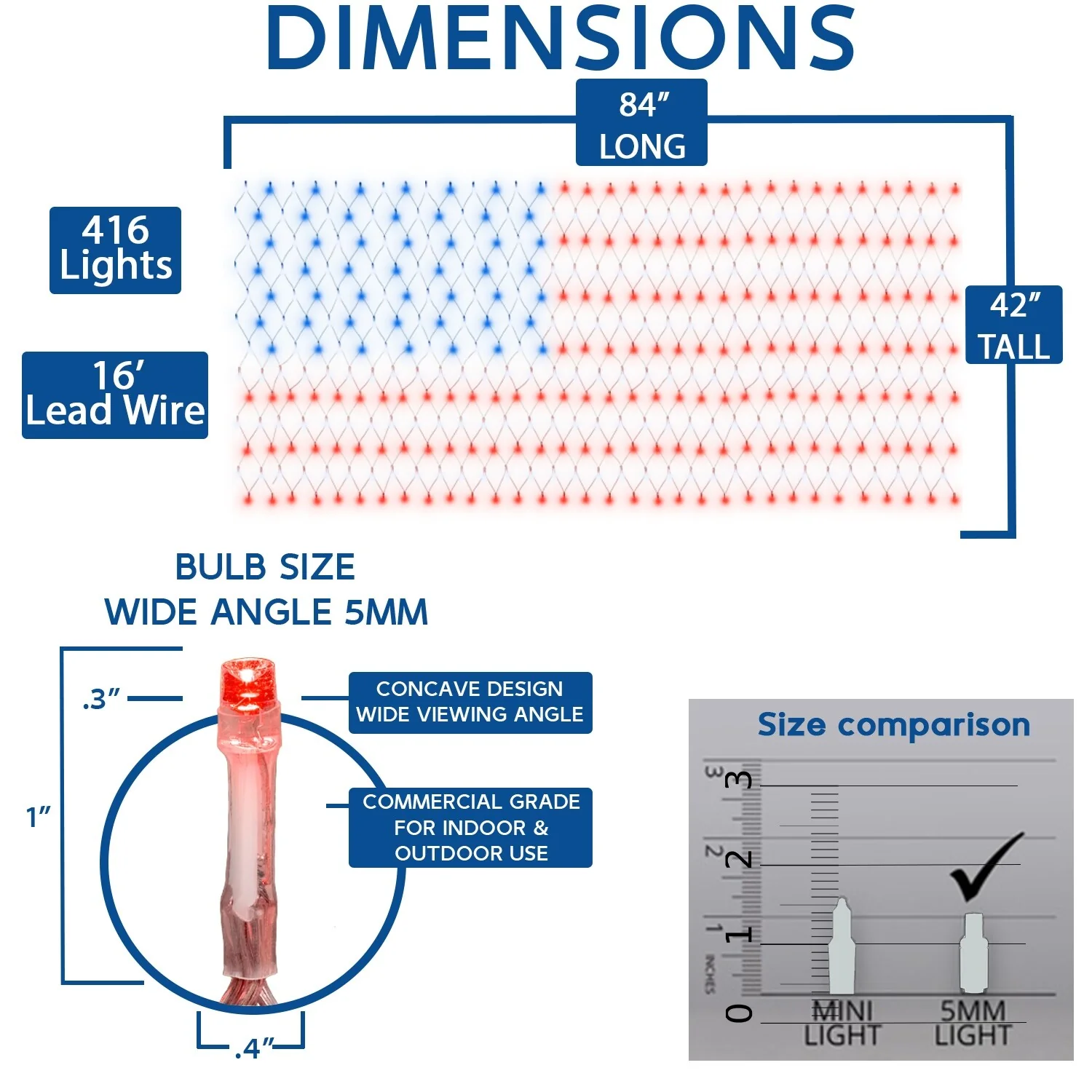 460 Light 4th of July USA LED Net Light Set, 4' X 6', Red/White/Blue, Clear Wire - Red/White/Blue