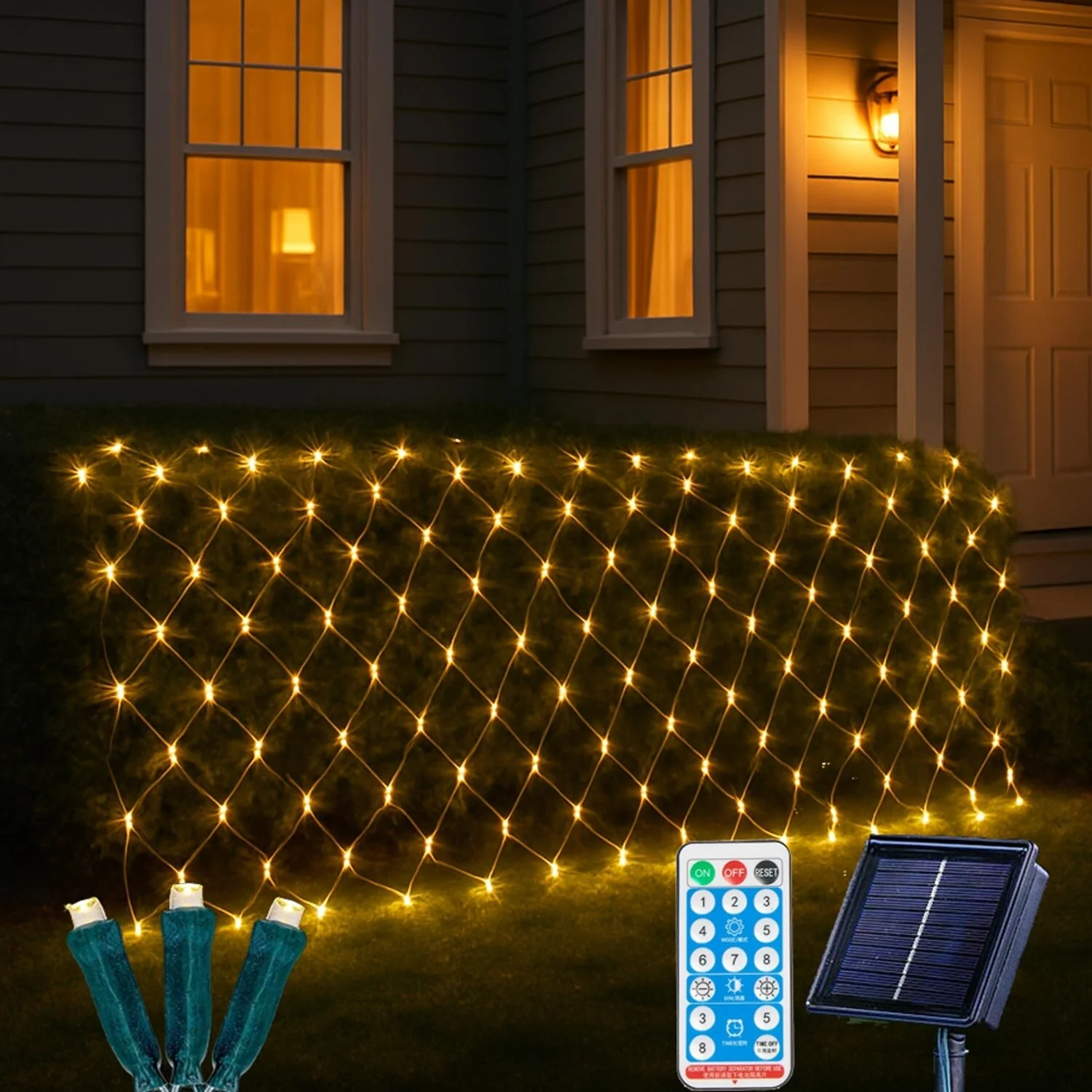 200 Light Warm White LED Solar Net Light, 8 Modes, Timer, Dimming, Remote Included - Warm White