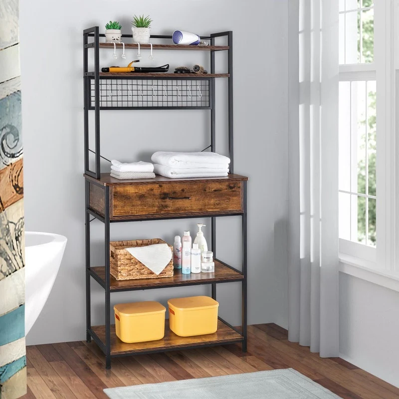 5-Tier Kitchen Bakers Rack with 10 S Hooks and 1 drawer Rustic Brown