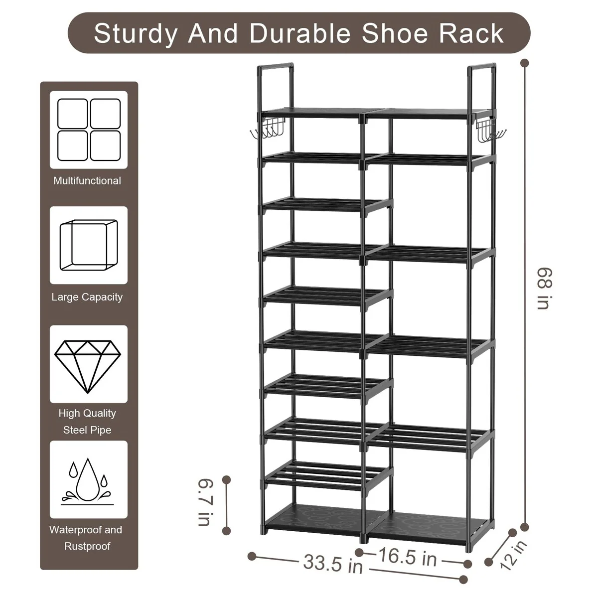 2 Row 10 Tier Tall Shoe Rack Organizer for Closet Entryway,40-45 Pair Shoe Boot Storage Rack,Metal Shoe Shelf Small