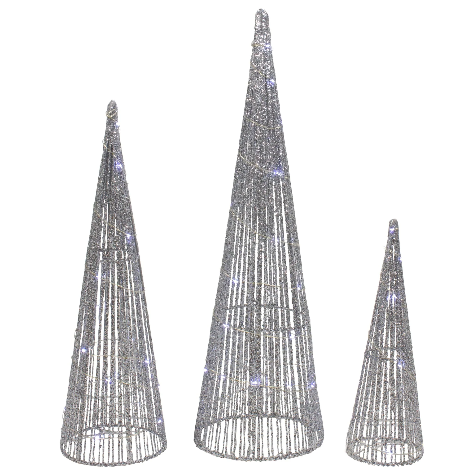 3 LED Silver Glitter Cone Tree Outdoor Christmas Decorations 23.5