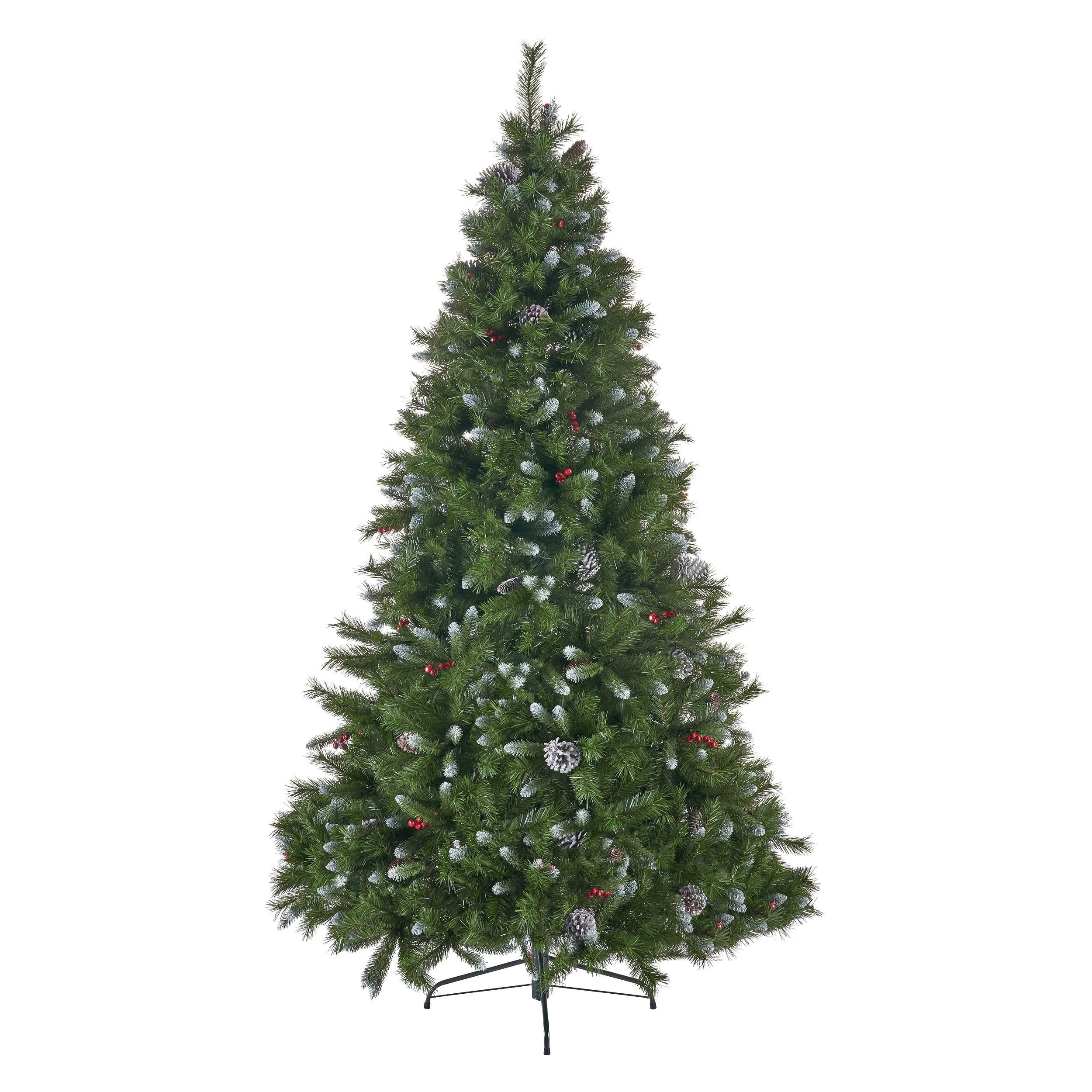Unlit 7' Frosted Christmas Tree with 1219 Tips, Pine Cones & Red Berries - Iron Stand Included