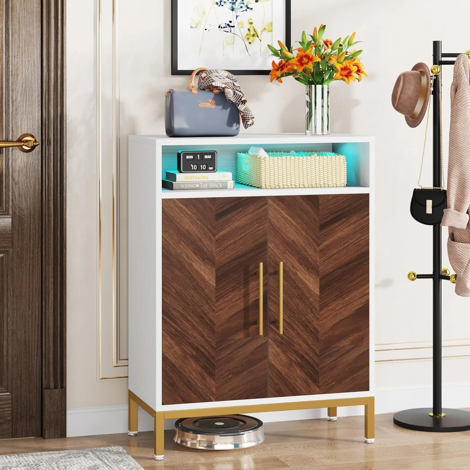 16 Pairs Shoe Cabinet with Doors, 5-tier Entryway Cabinet with Led Light, Free Standing Shoe Racks