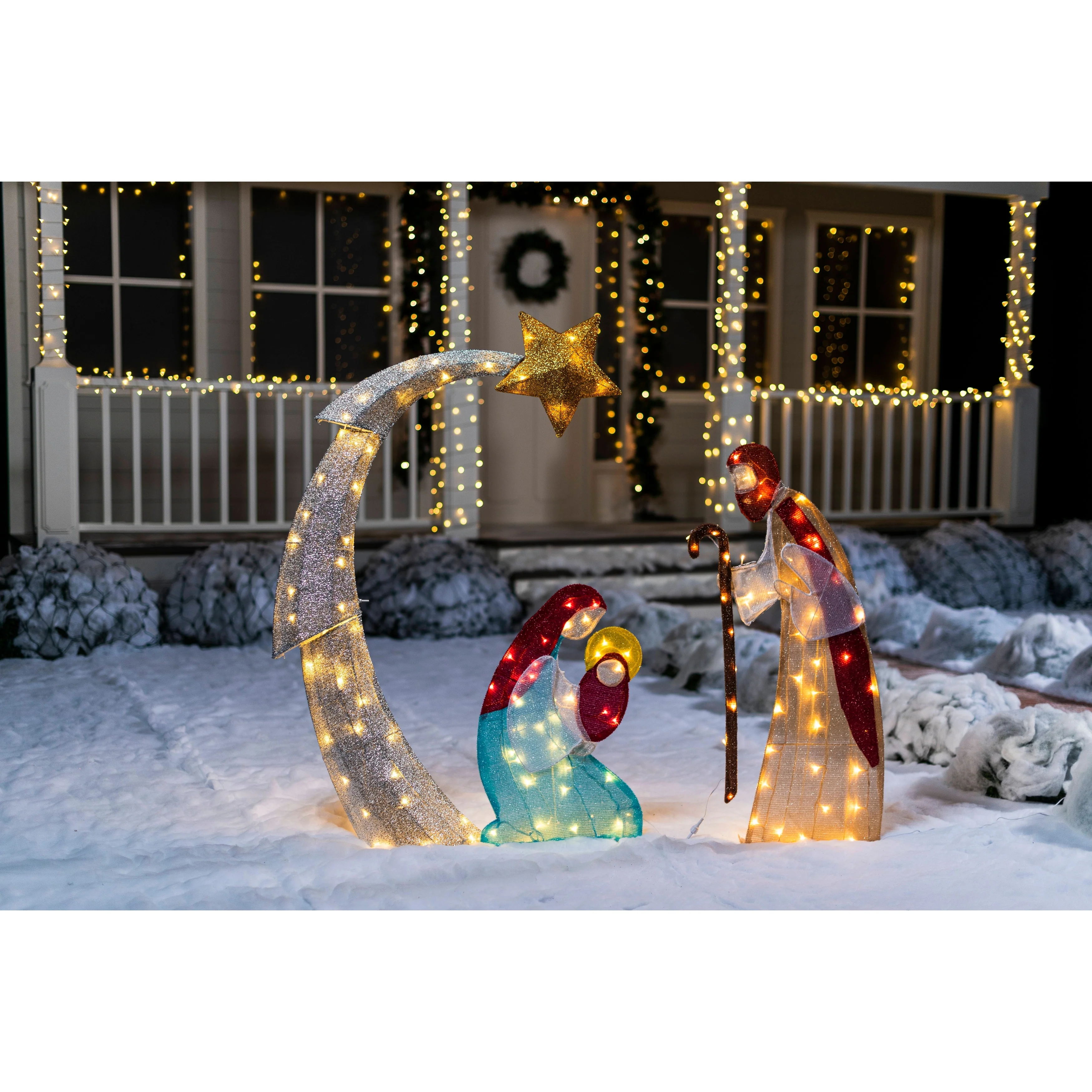 Joyfy 5FT 3D Christmas Nativity Scene Tinsel Yard Light, 140 Pre-Lit LED Warm White Lights - Multi-Color