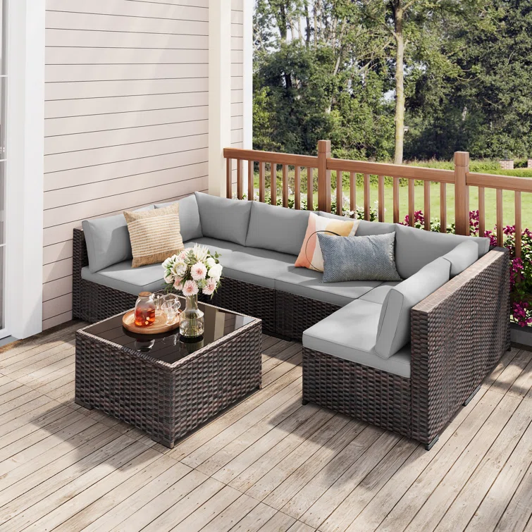 Silverts 7-Piece Slanted Back Rattan Sectional Seating Group